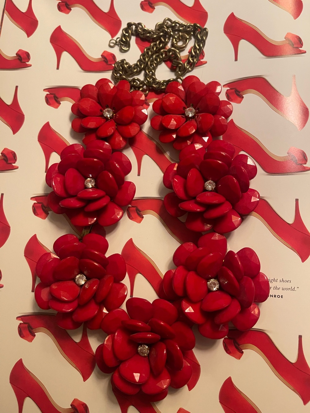 J. Crew Red Floral Cluster Statement Necklace with Rhinestone Accents